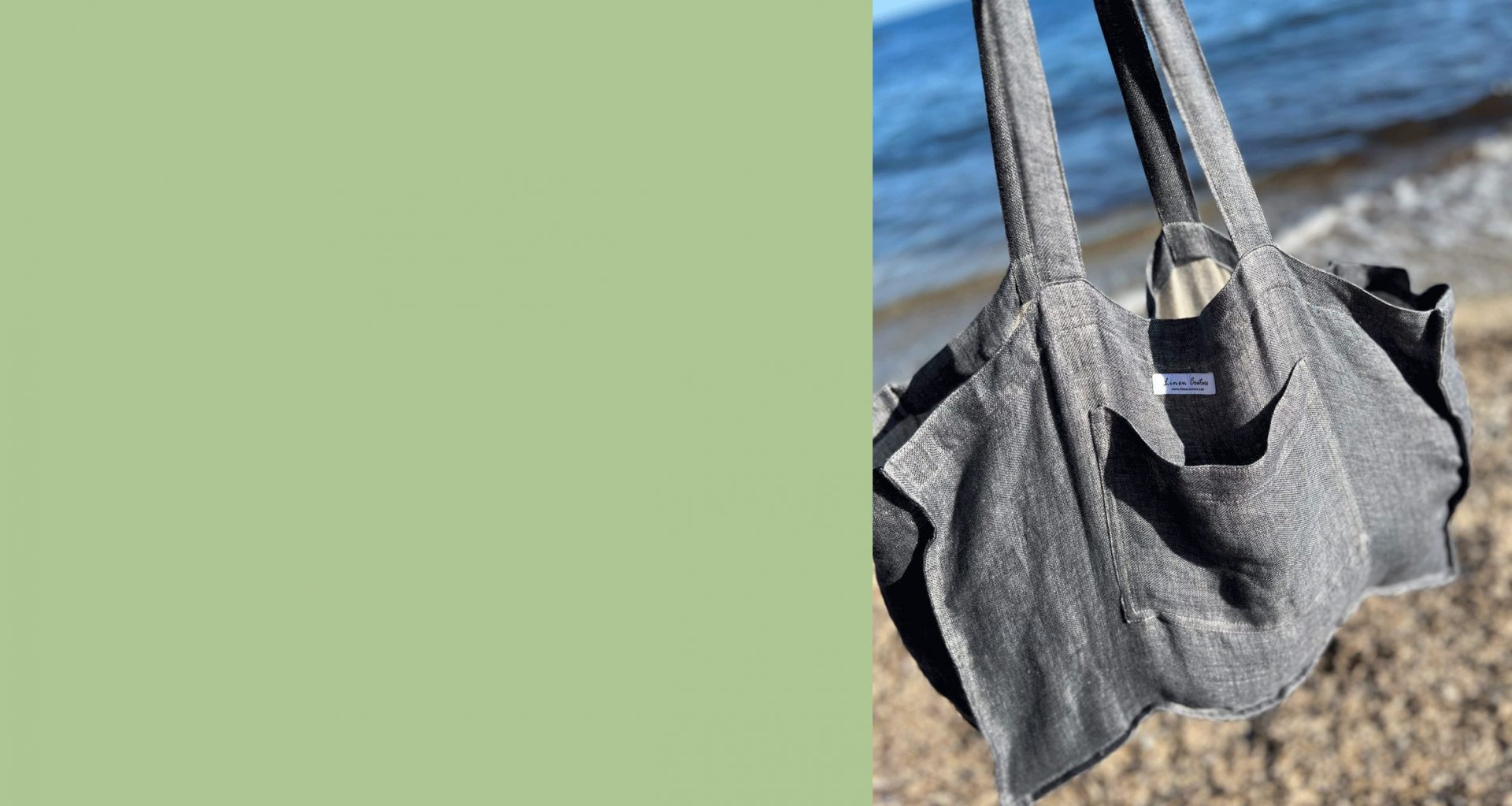 Bannerbild links grün, rechts Foto von grauer Leinen Strandtasche von Linen Couture am Strand